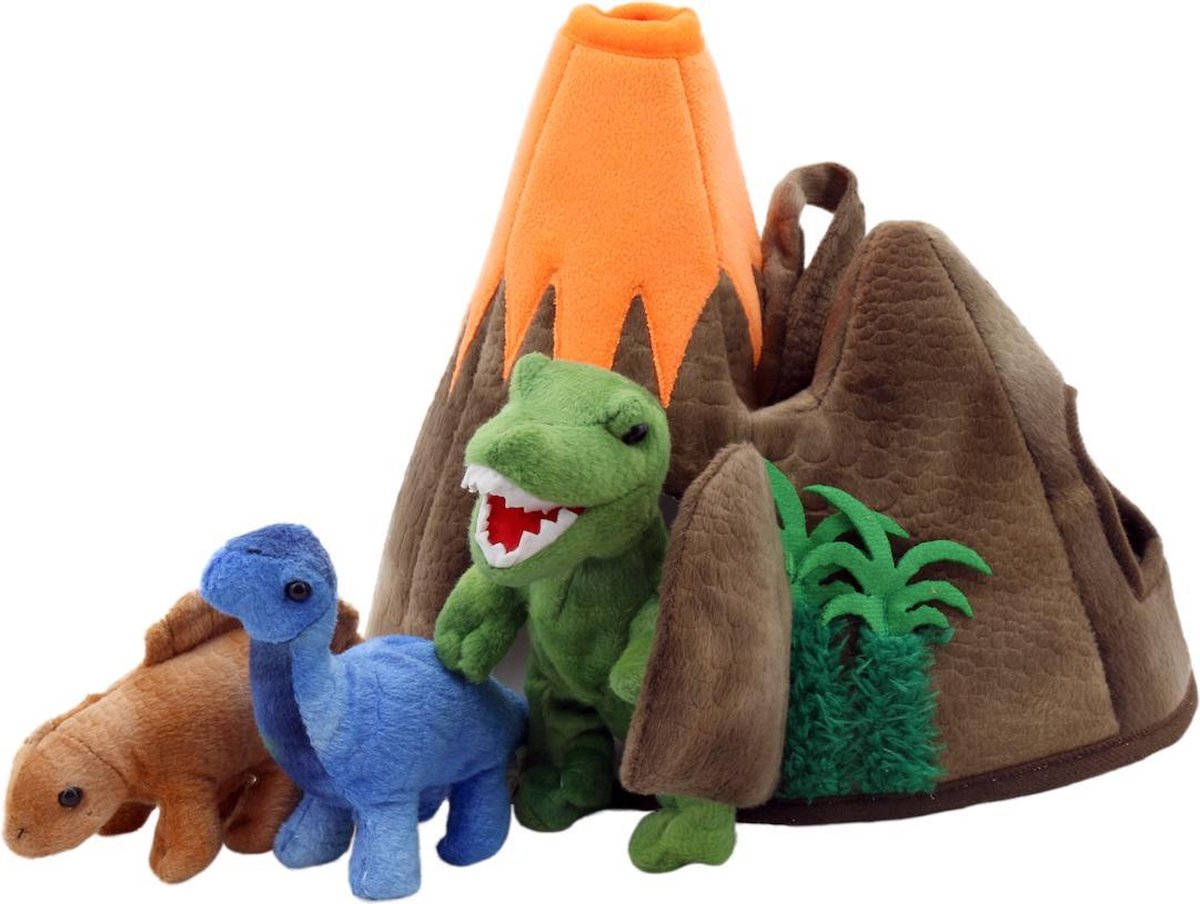 Puppet Company| Hide-Away | Dinosaurus Vulkaan met 3 vingerpopjes + Felicitatiekaart | Lief, stoer en aparte knuffels | Kwaliteitsproduct